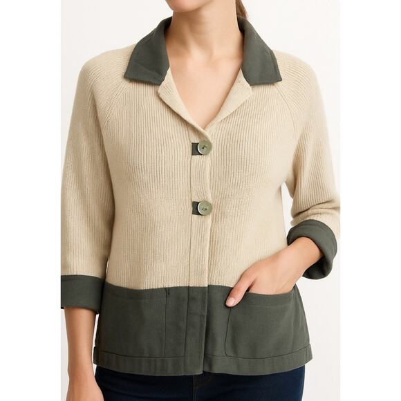 Cloda Linen Wool Cardigan Cream w/Slate Teal Trim Pockets Quiet Luxury Coastal M - Picture 1 of 7